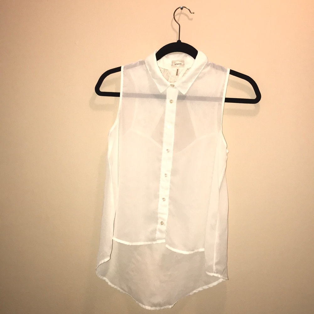 Button up white see through blouse with no sleeves